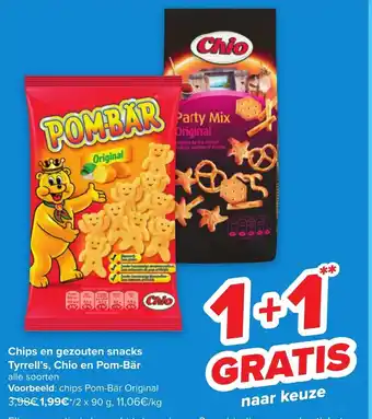 Carrefour Chips en gezouten snacks tyrrell's, chio en pom-bar 2 x 90g, 1+1 gratis aanbieding