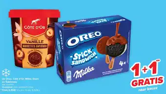 Carrefour Ijs Oreo, cote d'or, milka, daim en toblerone 2 x (4 x 75ml), 1+1 gratis aanbieding