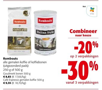 Colruyt Rombouts Alle gemalen koffie of koffiebonen (uitgezonderd pads) 250g of 500g aanbieding