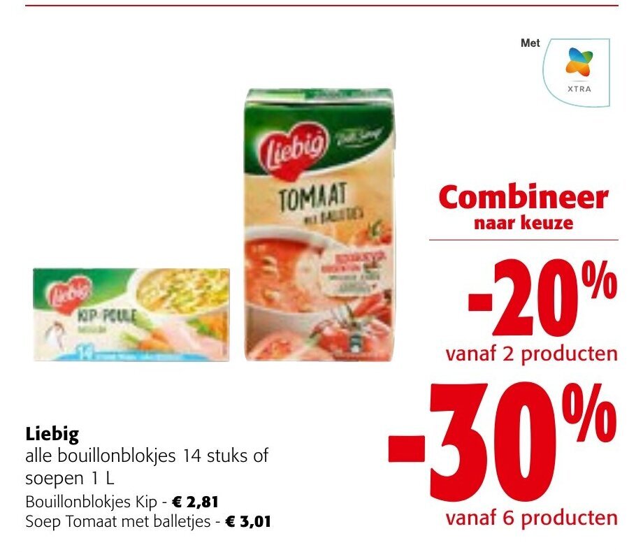 Liebig Alle bouillonblokjes 14 stuks of soepen 1L promotie bij Colruyt