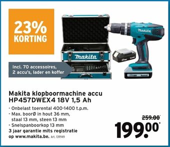GAMMA Makita klopboormachine accu HP457DWEX4 18V 1,5 Ah aanbieding