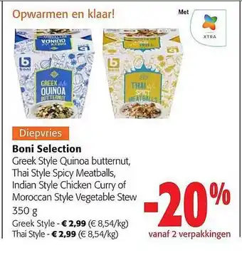 Colruyt Boni selection greek style quinoa butternut, thai style spicy meatballs, indian style chicken curry of moroccan style vegetab aanbieding