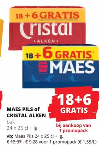 Spar Colruyt Maes Pils of Cristal Alken Bak 24 x 25cl + Lg 18 + 6 Gratis aanbieding