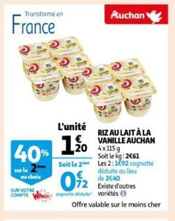 Auchan Riz au lait a la vanille 4 x 115g aanbieding