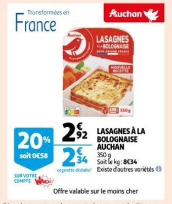 Auchan Lasagnes a la bolognaise 350g aanbieding