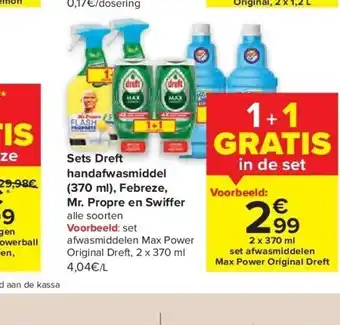 Carrefour Sets dreft handafwasmiddel (370 ml), febreze, mr. propre en swiff er aanbieding