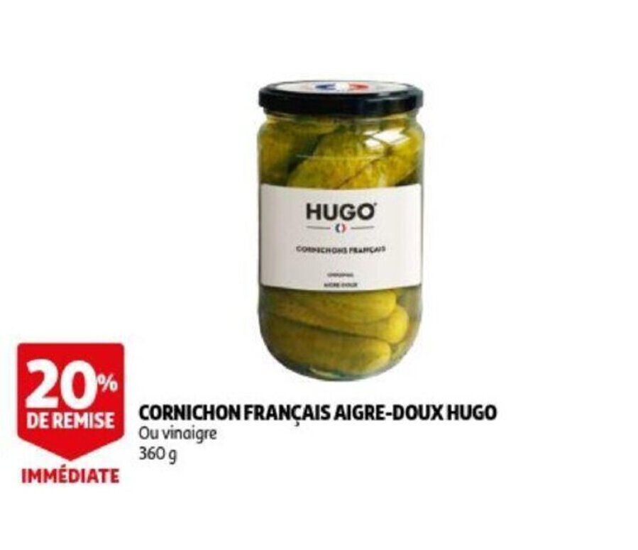 Hugo cornichon francais aigredoux ou vinaigre 360g promotie bij Auchan