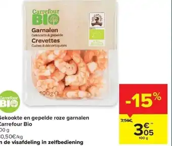 Carrefour Gekookte en gepelde roze garnalen carrefour bio 100 g aanbieding
