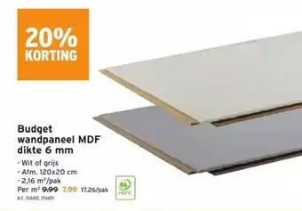 GAMMA Budget wandpaneel MDF dikte 6mm 120x20 cm per m2 art. 194418, 194419 aanbieding