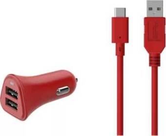 Krëfel Autolader 2x usb 2,4 a met usb c-kabel - 1 m. - rood aanbieding