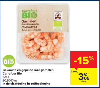 Carrefour Market Gekookte en gepelde roze garnalen carrefour bio 100g aanbieding