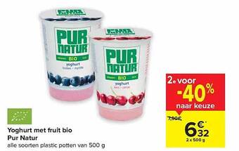 Carrefour Yoghurt met fruit bio pur natur aanbieding