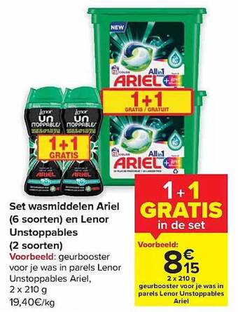 Carrefour Set wasmiddelen ariel en lenor unstoppables aanbieding