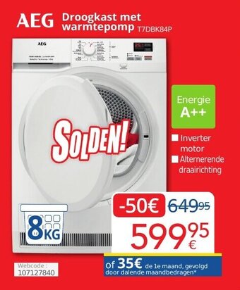 Eldi AEG droogkast met warmtepomp 8kg T7DBK84P webcode: 107127840 aanbieding