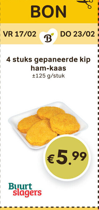 Bon Ap 4 stuks gepaneerde kip ham-kaas +/-125g/stuk aanbieding