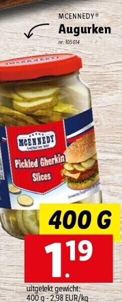 Lidl Mcennedy augurken 400 g nr. 105014 aanbieding