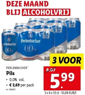 Lidl Perlenbacher pils 0,0% vol. 3 x 33 cl nr. 146603 aanbieding