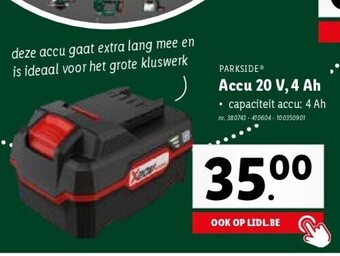 Lidl Parkside accu 20 V, 4 Ah nr. 380743 - 410604 - 100350901 aanbieding