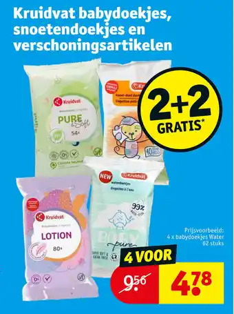 Kruidvat Kruidvat Babydoekjes , Snoetendoekjes en Verschoningsartikelen 2+2 Gratis aanbieding