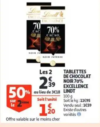 Tablettes de chocolat noir 7o% excellence lindt 100g