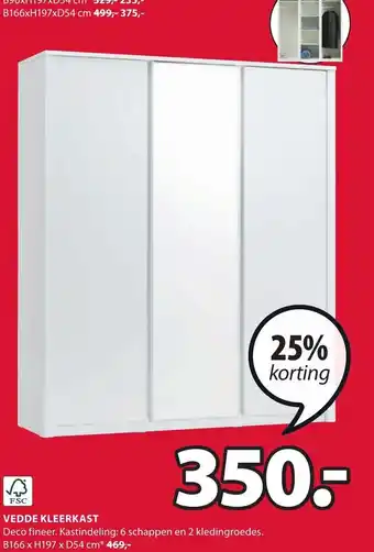 Jysk Vedde Kleerkast 6 Schappen en 2 Kledingroedes B166 x H197 x D54cm aanbieding