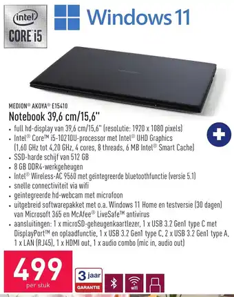 ALDI Medion Akoya E15410 Notebook 39,6cm per stuk aanbieding