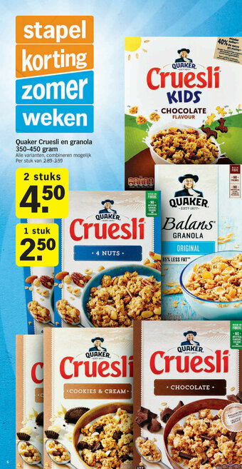 Albert Heijn Quaker Cruesli en granola 350-450 gram aanbieding