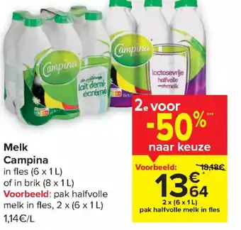 Carrefour Market Campina Melk in Fles (6 x 1L) of in Brik (8 x 1L) aanbieding