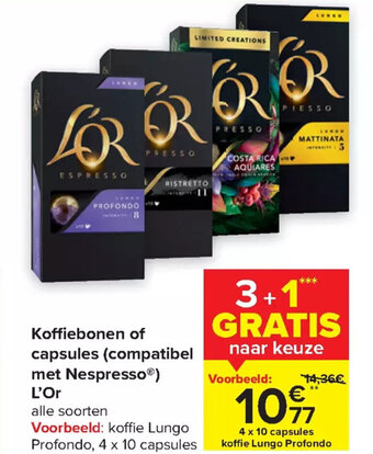 Carrefour Market L'Or Koffiebonen of Capsules (Compatibel met Nespresso) 4 x 10 Capsules aanbieding