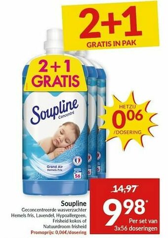 Intermarché Soupline geconcentreerde wasverzachter hemels fris, lavendel, hypoallergeen, frisheid kokos of natuurdroom frisheid aanbieding