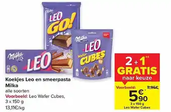 Carrefour Market Koekjes leo en smeerpasta milka aanbieding