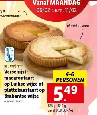 Lidl Bel Appetit Verse rijst macarontaart op Luikse wijze of plattekaaastaart op Brabante wijze aanbieding