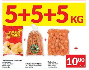 Aardappelen standaard, gewassen wortelen, gele uien