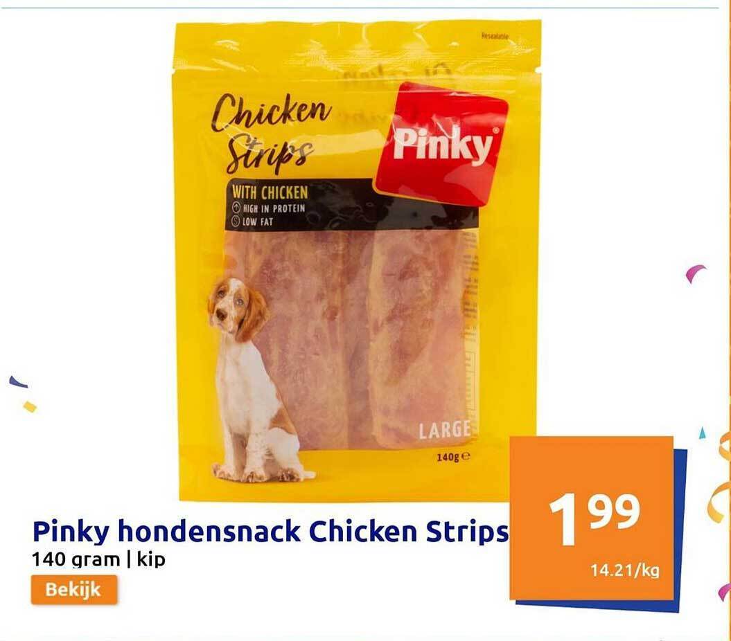 Pinky hondensnack chicken strips promotie bij Action