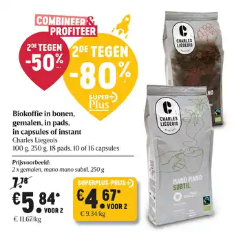 Delhaize Biokoffie in bonen, gemalen, in pads, in capsules of instant aanbieding