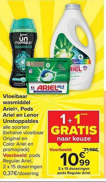 Carrefour Market Vloeibaar wasmiddel ariel+, pods ariel en lenor unstoppables aanbieding