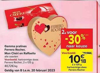Carrefour Market Gamma pralines ferrero rocher, mon chéri en raffaello aanbieding