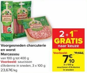 Carrefour Market Voorgesneden charcuterie en worst Marcassou aanbieding