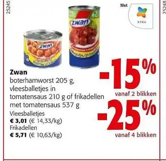 Colruyt Zwan boterhamworst 205 g, vleesballetjes in tomatensaus 210 g of frikadellen met tomatensaus 537 g aanbieding