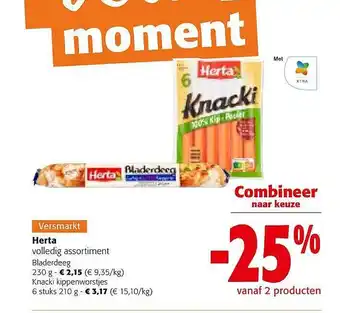 Colruyt Herta bladerdeeg, knacki kippenworstjes aanbieding