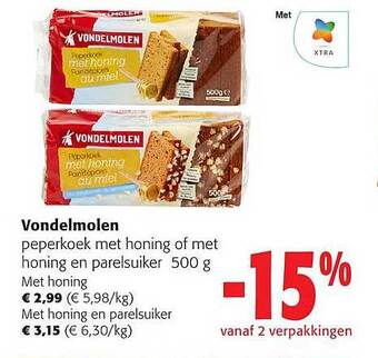 Colruyt Vondelmolen peperkoek met honing of met honing en parelsuiker 500 g aanbieding