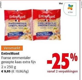 Colruyt Entremont franse emmentaler geraspte kaas extra fijn 2 x 250 g aanbieding