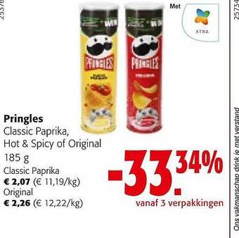 Colruyt Pringles classic paprika, hot & spicy of original 185 g aanbieding