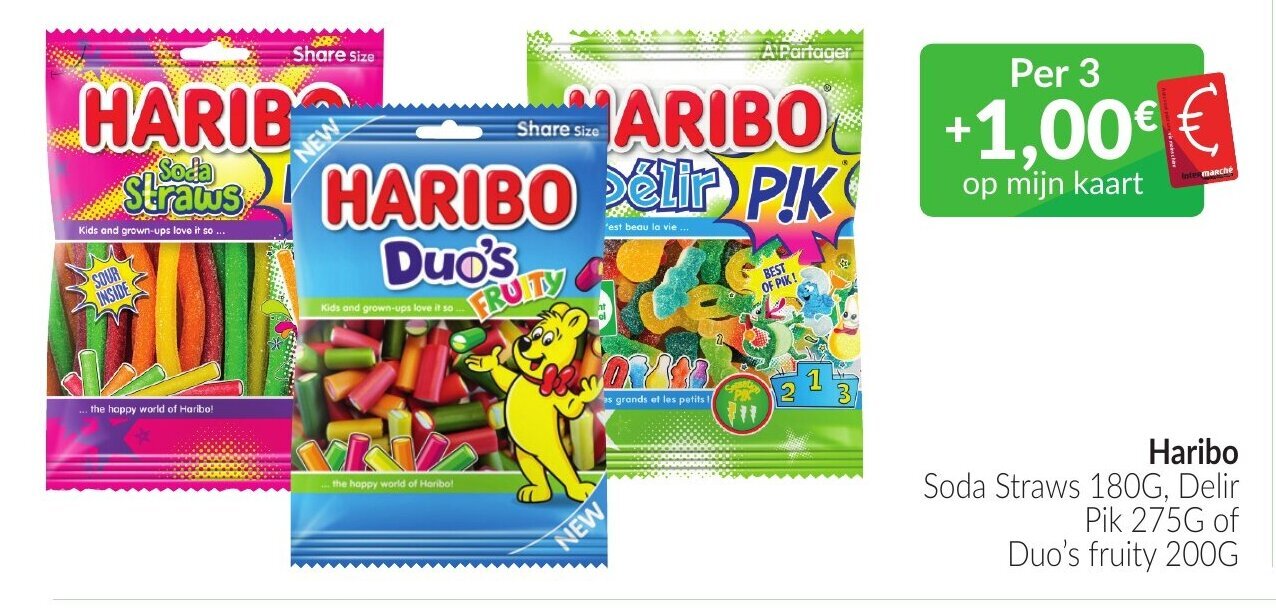 Haribo Soda Straws 180g, Delir Pik 275g of Duo's fruity 200g promotie