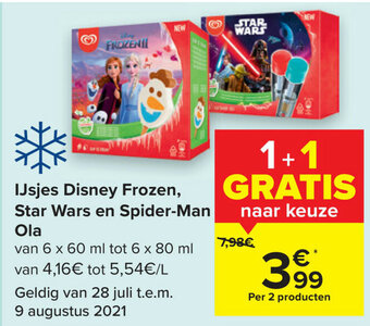 Carrefour Ijsjes disney frozen, star wars en spider-man ola aanbieding