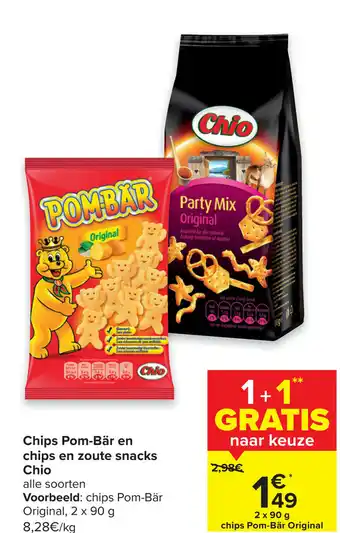 Carrefour Chips pom-bar en chips en zoute snacks chio 2x90 gram aanbieding