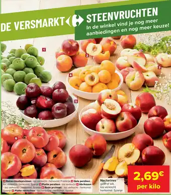 Carrefour Reine-claudepruimen, gele perziken-, platte perziken-, abrikozen, rode pruimen, platte nectarines aanbieding