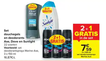 Carrefour Set douchegel en deodorants axe, dove en sunlight aanbieding