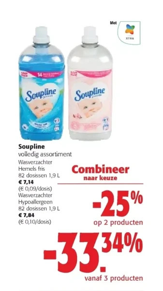 Colruyt Soupline volledig assortiment wasverzachter hemels fris 82 dosissen 1,9 l aanbieding