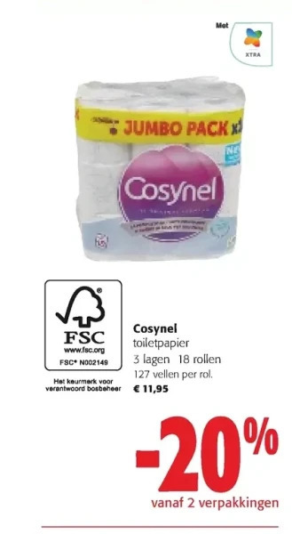 Colruyt Cosynel toiletpapier 3 lagen 18 rollen 127 vellen per rol aanbieding